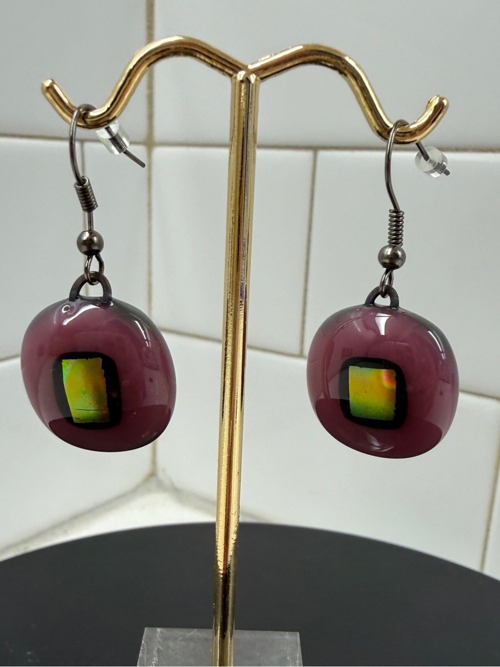 Purple Glass Dangle Earrings with Iridescent Accent